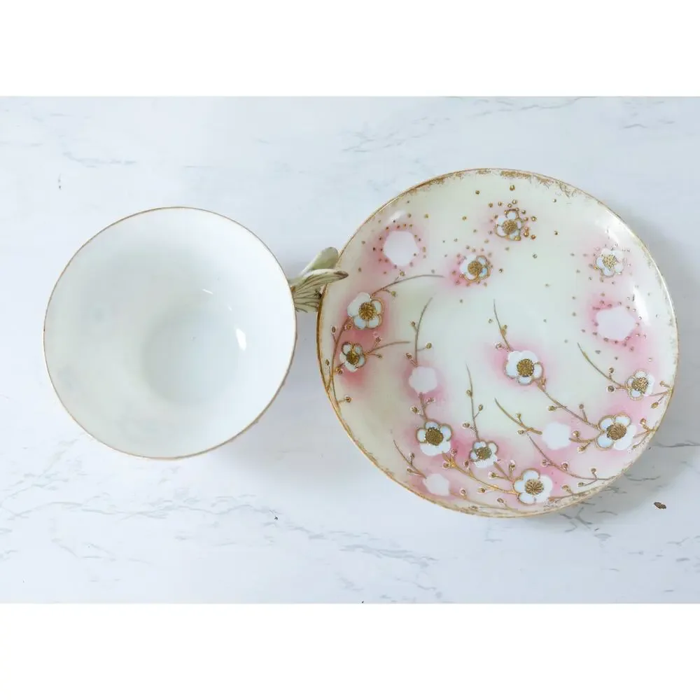 VTG Sakura Floral Butterfly Handle Teacup Set Grandmillennial Chinoiserie Retro